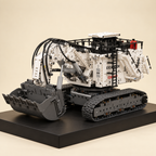 Mould King 17067 RC mining shovel excavator building set — built model on display base, front three-quarter view