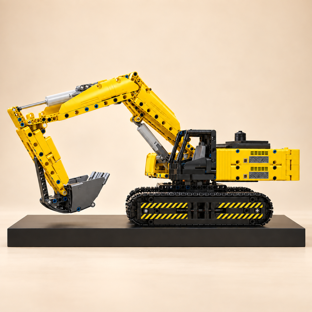Mould King 15061 RC excavator building set, yellow — built model on display base, side view