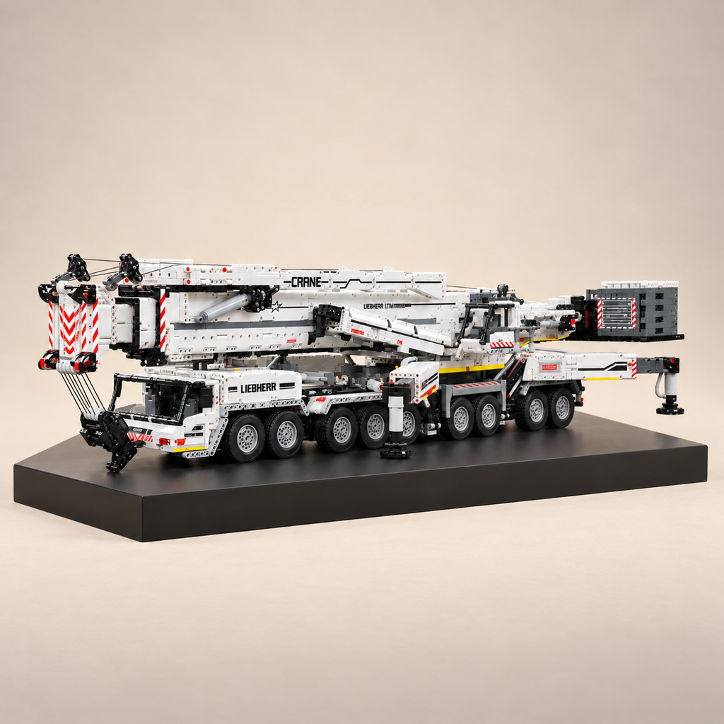 Mould King 17007 9-axle mobile crane building set, white — built model on display base, front three-quarter view