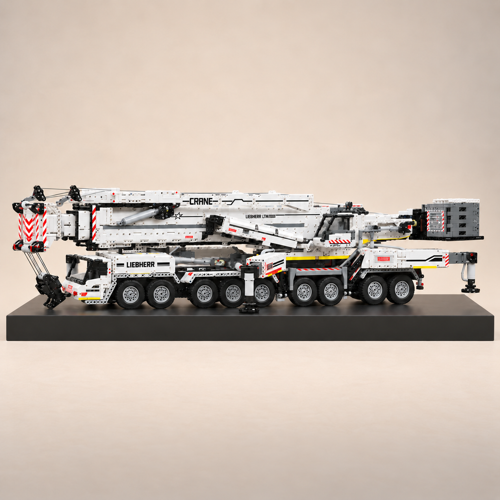 Mould King 17007 9-axle mobile crane building set, white — built model on display base, side view