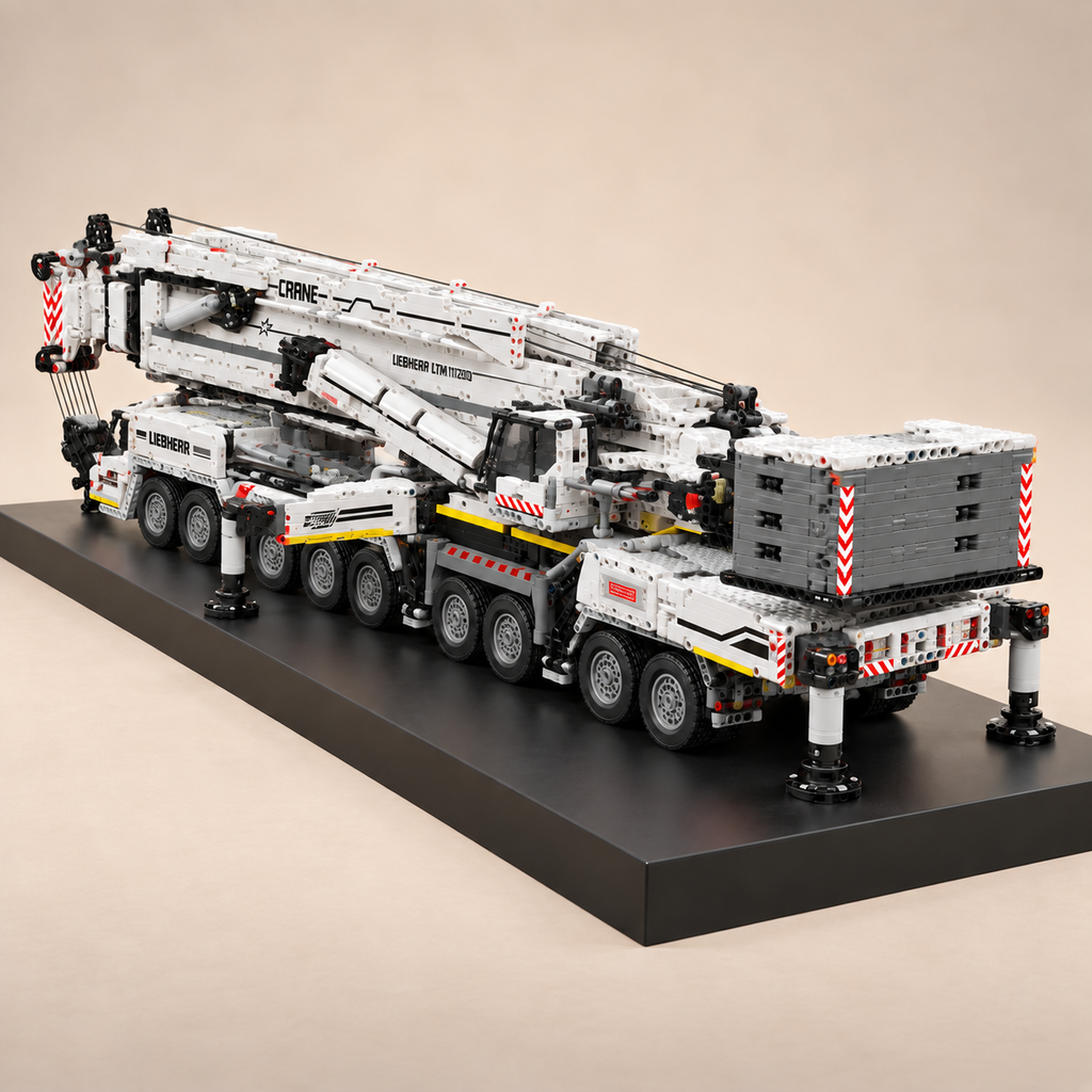Mould King 17007 9-axle mobile crane building set, white — built model on display base, rear three-quarter view