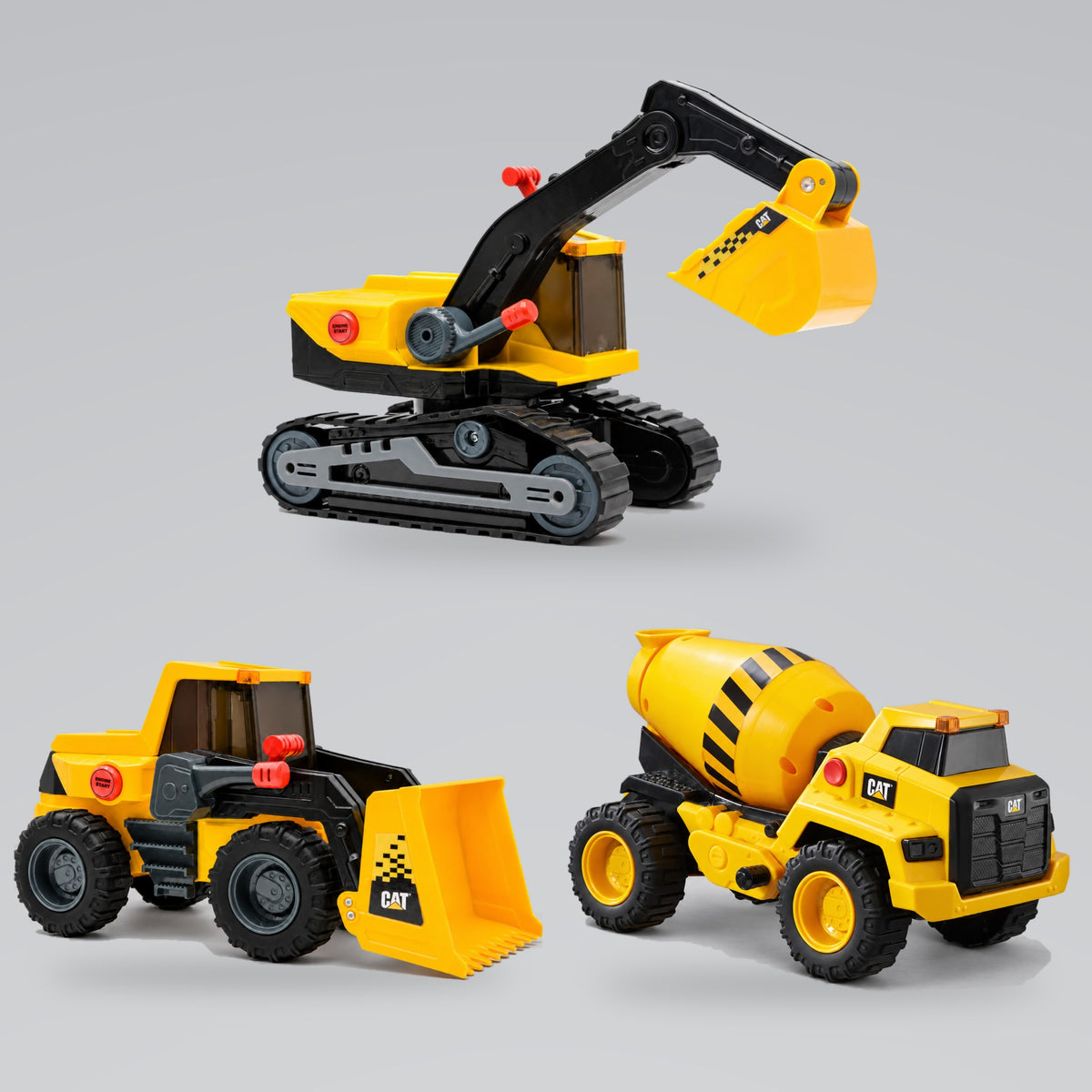 Cat® Power Haulers 2.0 set of 3: wheel loader, excavator and cement mixer, 12-inch kids toys with lights and sounds