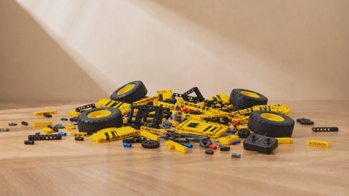 Brick-built yellow mining dump truck assembling itself on a parquet floor, then driving away